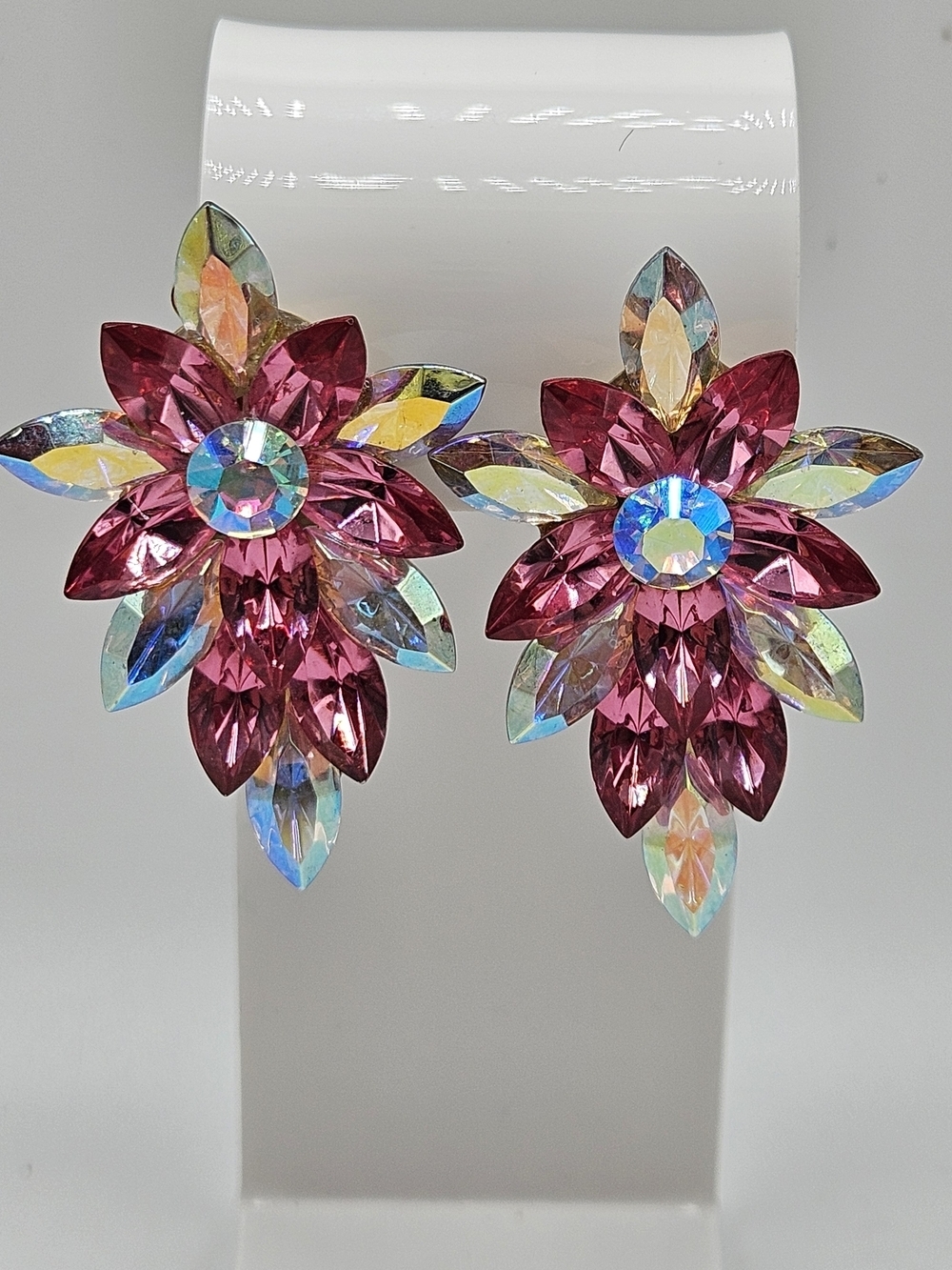 VINTAGE Pink Aurora Borealis Glass Rhinestone Large Statement Earrings Clip